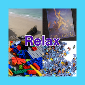 Photo shows a beach, a book, a jigsaw and some Lego.  The text reads Relax.